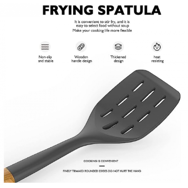 14 Pcs Silicone Cooking Utensils Kitchen Utensil Set - 446°F Heat Resistant,Turner Tongs, Spatula, Spoon, Brush, Whisk, Wooden Handle Gray Kitchen Gadgets with Holder for Nonstick Cookware (BPA Free)