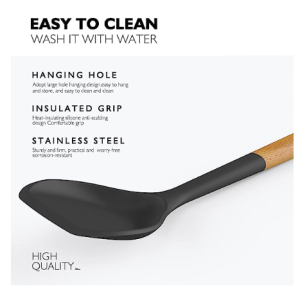 14 Pcs Silicone Cooking Utensils Kitchen Utensil Set - 446°F Heat Resistant,Turner Tongs, Spatula, Spoon, Brush, Whisk, Wooden Handle Gray Kitchen Gadgets with Holder for Nonstick Cookware (BPA Free)