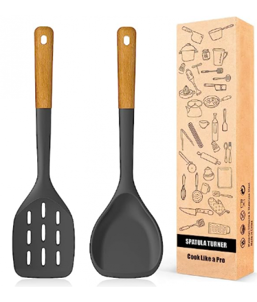 14 Pcs Silicone Cooking Utensils Kitchen Utensil Set - 446°F Heat Resistant,Turner Tongs, Spatula, Spoon, Brush, Whisk, Wooden Handle Gray Kitchen Gadgets with Holder for Nonstick Cookware (BPA Free)