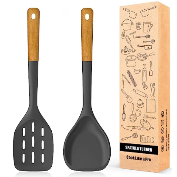 14 Pcs Silicone Cooking Utensils Kitchen Utensil Set - 446°F Heat Resistant,Turner Tongs, Spatula, Spoon, Brush, Whisk, Wooden Handle Gray Kitchen Gadgets with Holder for Nonstick Cookware (BPA Free)